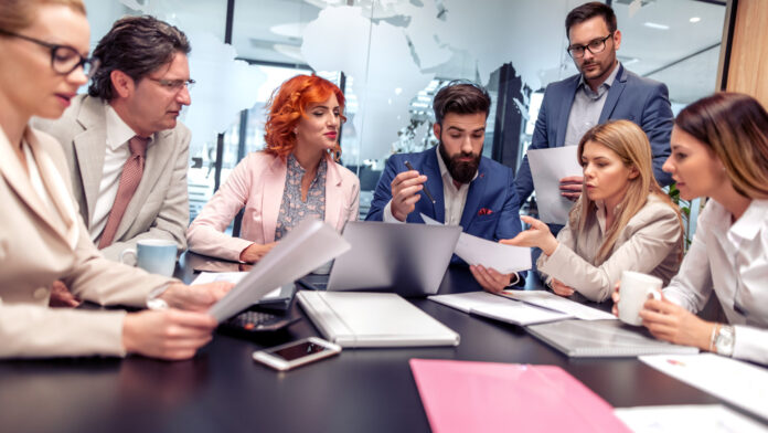 Business,Concept.corporate,Business,Team,And,Manager,Discuss,About,New,Project.