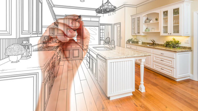 Hand,Drawing,Custom,Kitchen,Design,With,Gradation,Revealing,Photograph.